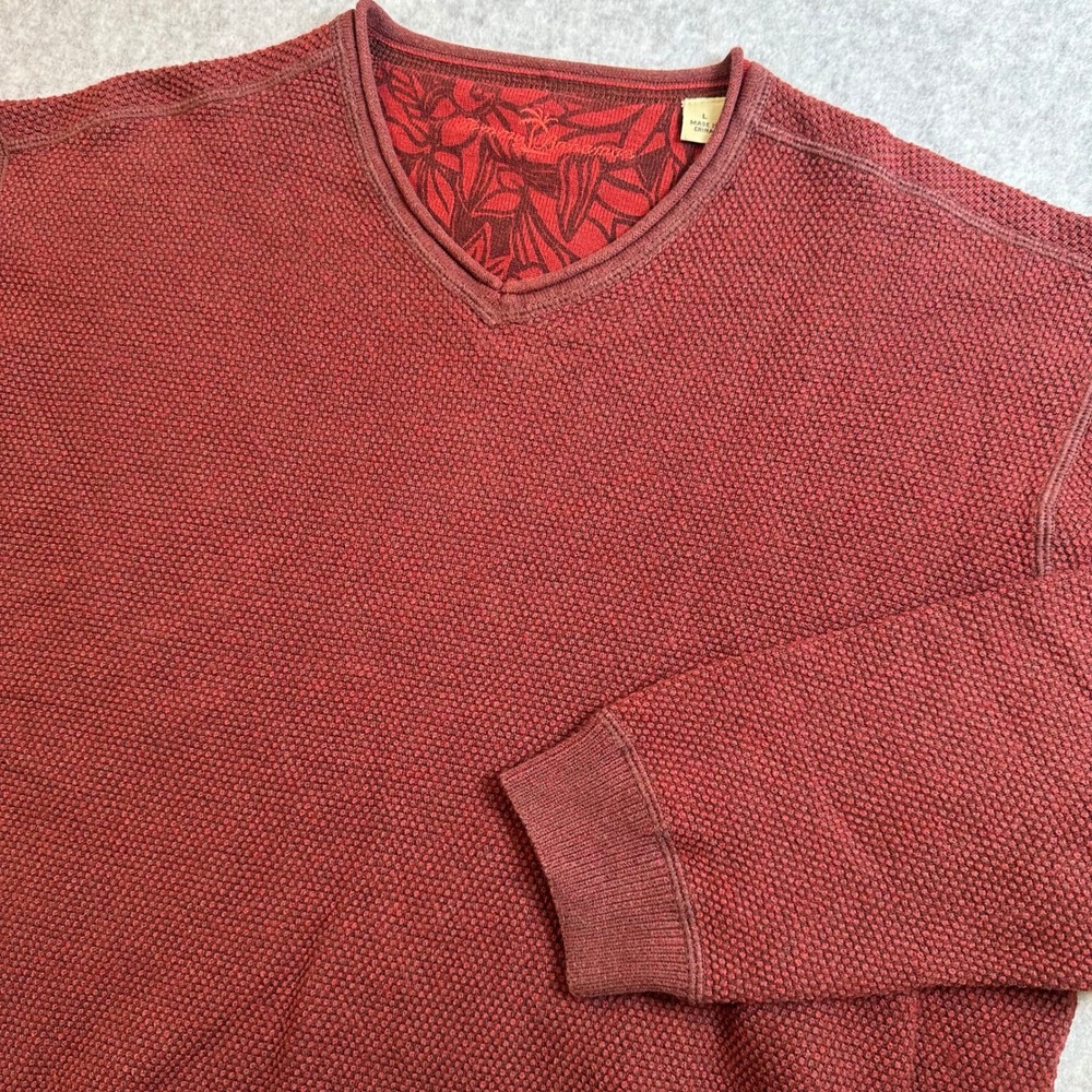 Tommy Bahama Mens Large Burgundy Red Waffle Knit Cotton Wool V-Neck Sweater